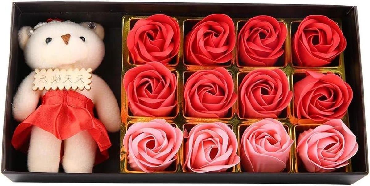 Pluche Beer Rozen - Zeepbloemen Cadeau - Romantisch Gebaar - Met Geschenkdoos - 24 x 12 x 5 cm — afbeelding 1