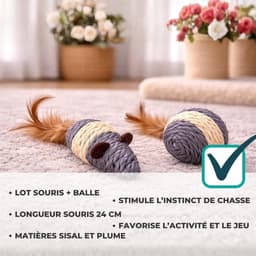 Muis 24 cm en bal 4 x 18 cm, sisal en veer, grijs wit — thumbnail 5