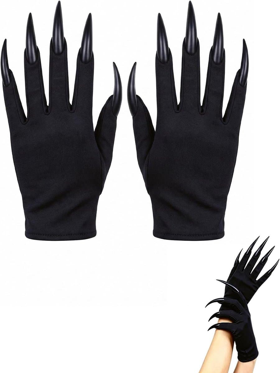 Handschoenen met lange klauwen, cosplay-accessoires voor heks, vampier, demon, raaf, Halloween, kattennagelringen, griezelig kostuum voor vrouwen en mannen — afbeelding 1