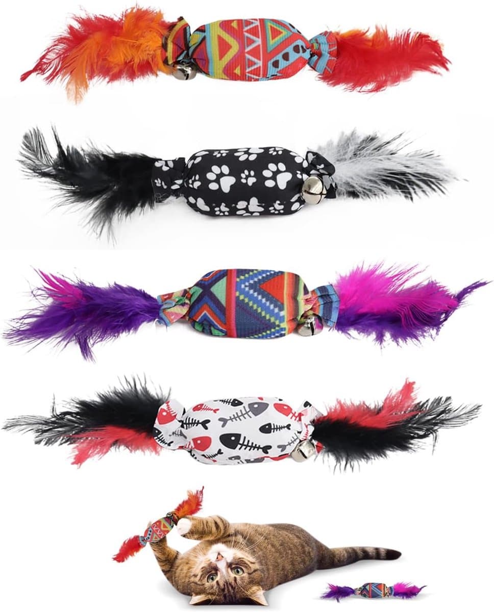 4 stuks speelgoed voor snoep, katten, interactief kattenspeelgoed met bellen en vouwpapier, kittenspeelgoed voor het verwijderen van saaie katten (4, rood, zwart, wit, paars) — afbeelding 1