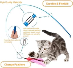 Kattenspeelgoed met Veren, Interactieve Kattenhengel Speelgoed Kattenstaaf Verwisselbaar, Vishengel Speelgoed, 2 Intrekbare Stokjes en 10 Vervangende Veren Bel, Kattenhuisdieren Speeltje — thumbnail 3