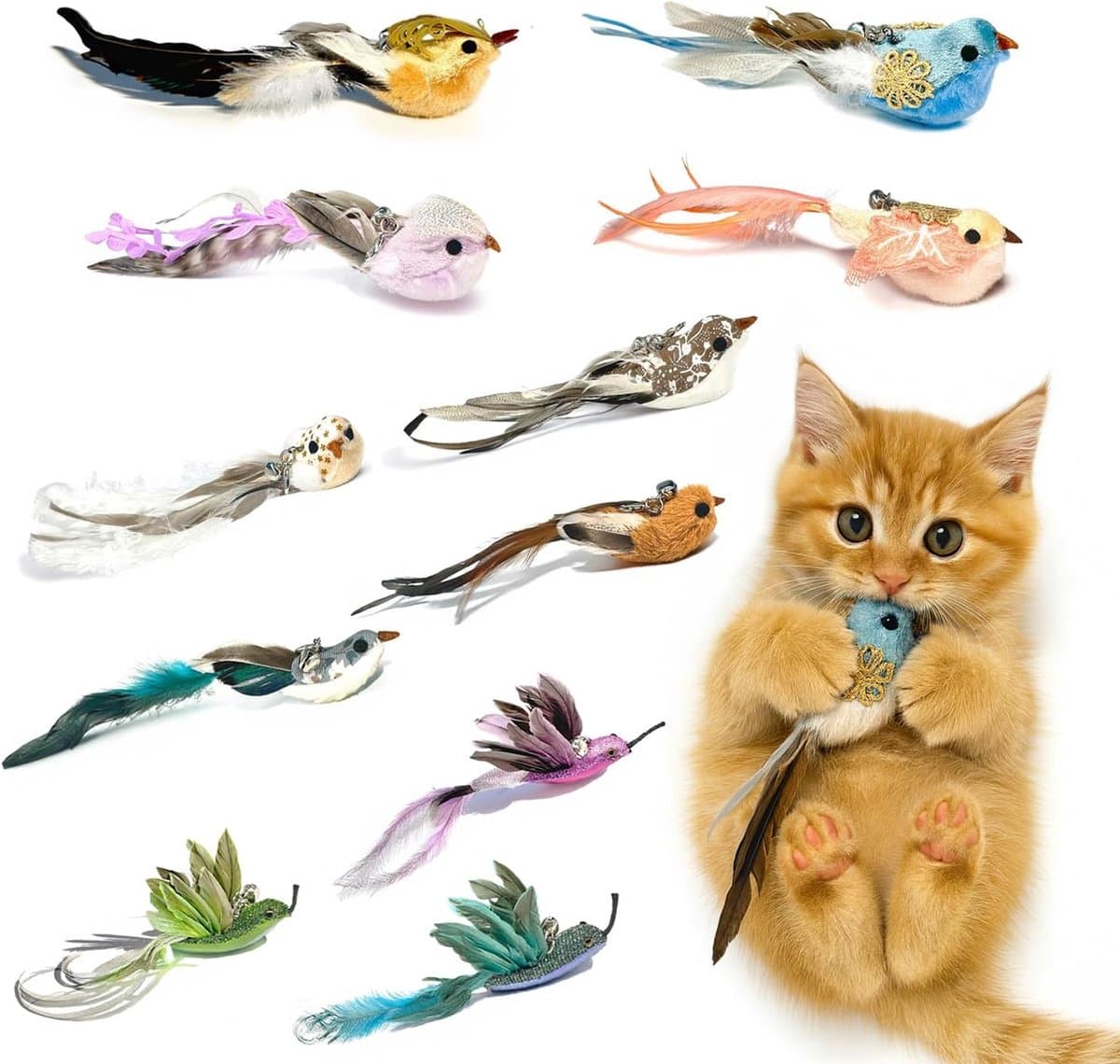 11 stuks kattenspeelgoed, vogelverenspeelgoed met bel, handgemaakte reservekoppen voor kattenhengel, interactief kattenspeelgoed, decoratieve hanger voor thuis en rugzak — afbeelding 1