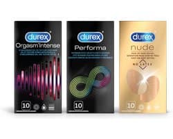 Durex - 30 stuks Condooms - Orgasm Intense 1x10 stuks - Performa 1x10 stuks - Nude No Latex 1x10 stuks - Voordeelverpakking