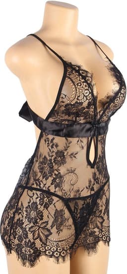 Sexy Lingerie - Erotische Kanten Babydoll met Satijnen Strik op achterkant met bijpassende Kanten String - Sexy Teddy - Neglige - Erotiek - kleur Zwart - Maat XS-S — thumbnail 19