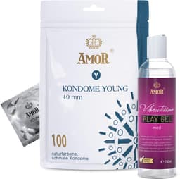 AMOR Premium condoom- en glijmiddelset - 100 condooms Ø 49 mm + Vibratissimo Play Gel med 250 ml — thumbnail 1