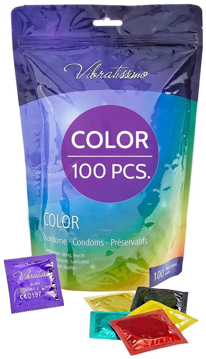 VIBRATISSIMO condooms 100-pack | Gevoelsecht & Extra Vochtig | Gekleurde anticonceptie voor mannen | Verpakking in rood, Zwart, Groen, Geel, Goud — afbeelding 1