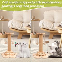 kattenspeelgoed van hout, 2-laags draaiplateau, interactief kattenspeelgoed, 3-in-1 houten kogel-kattencarrousel met 40 cm hoge krabzuil, rammelballen en veer voor katten en kittens — thumbnail 2
