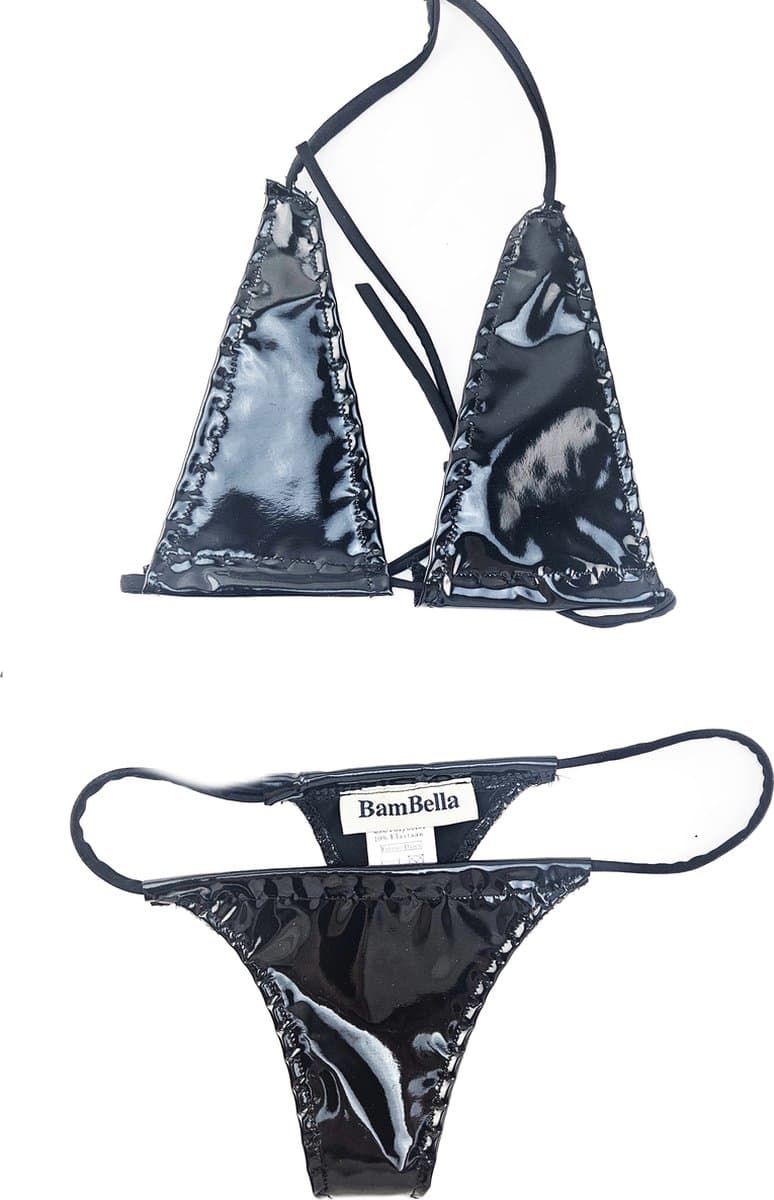 BamBella ® - Bikini string Datex Zwart (Mix Latex en stof) - Onesize - Super sexy dames ondergoed lingerie kleding zwart erotische zwem kleding — afbeelding 1