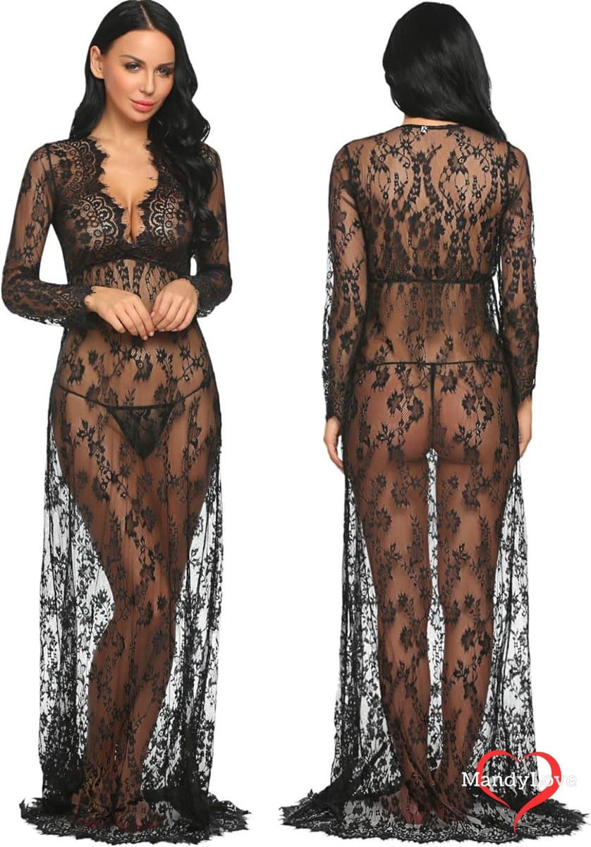 Verleidelijke transparante zwart kanten maxi jurk met lange mouwen – Sexy lingerie jurk nachtkleding - Cover-up jurk - Strandjurk - Sexy kleding - Transparent white lace maxi dress with long sleevesDeze betoverende zwarte lange jurk gemaakt — afbeelding 1