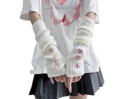 1 paar zachte witte vingerloze handschoenen met sterversiering voor Goth-outfits en armwarmers voor dames Femboy kleding - Y2K esthetische Grunge stijl