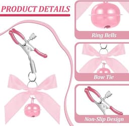 Oneay Tepelklemmen set van 2 stuks – Verstelbare RVS klemmen met ketting en bel – Accessoire voor volwassenen – Roze — thumbnail 3
