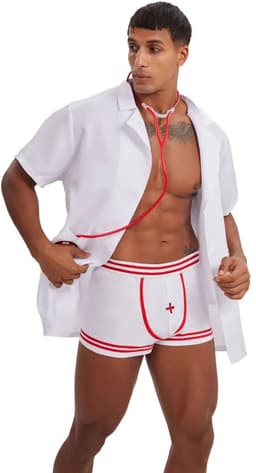 3-Delig Sexy Heren Kostuum - Dokter / Verpleger / Arts - Boxer, Doktersjas En Stethoscoop - Rood & Wit - Mannen - Heren Lingerie - Vrijgezellenfeest - One Size — thumbnail 3