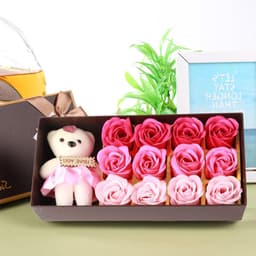 Rozenbloem Pluche Beer - Romantisch Cadeau - Cadeau Geven - Zeepbloemen Met Beer - 24 x 12 x 5 cm — thumbnail 1