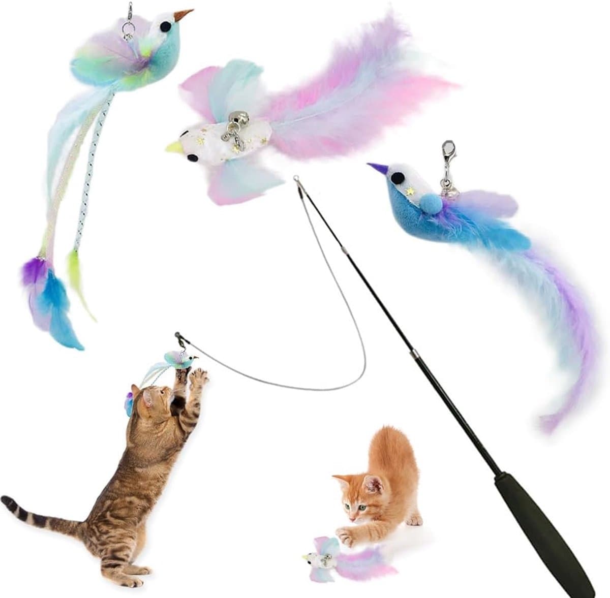 3 vervangbare kattenhengelspeelgoed, vogels in verschillende vormen, met bel uitgeruste kattenveer speelgoed en een telescopische hengel - perfect voor katten om te — afbeelding 1