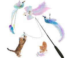 3 vervangbare kattenhengelspeelgoed, vogels in verschillende vormen, met bel uitgeruste kattenveer speelgoed en een telescopische hengel - perfect voor katten om te