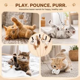 4 stuks kattenspeelgoedset, kattenhengel van natuurlijk hout met veer en belletje, sisalmuis, 40 cm staaf en 76 cm elastisch koord voor interactief indoorspel — thumbnail 3