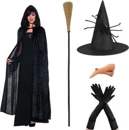 Sexy Heks Kostuum voor Vrouwen | Zwarte Mantel met Hoed, Handschoenen en Bezem | Perfect voor Halloween Cosplay en Feesten — thumbnail 1