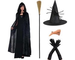 Sexy Heks Kostuum voor Vrouwen | Zwarte Mantel met Hoed, Handschoenen en Bezem | Perfect voor Halloween Cosplay en Feesten
