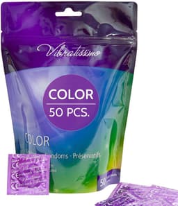 VIBRATISSIMO Color condooms, Gevoelsecht & Extra Vochtig, gekleurde anticonceptie voor mannen, Verpakking in rood zwart groen geel goud, 50-pack — thumbnail 1
