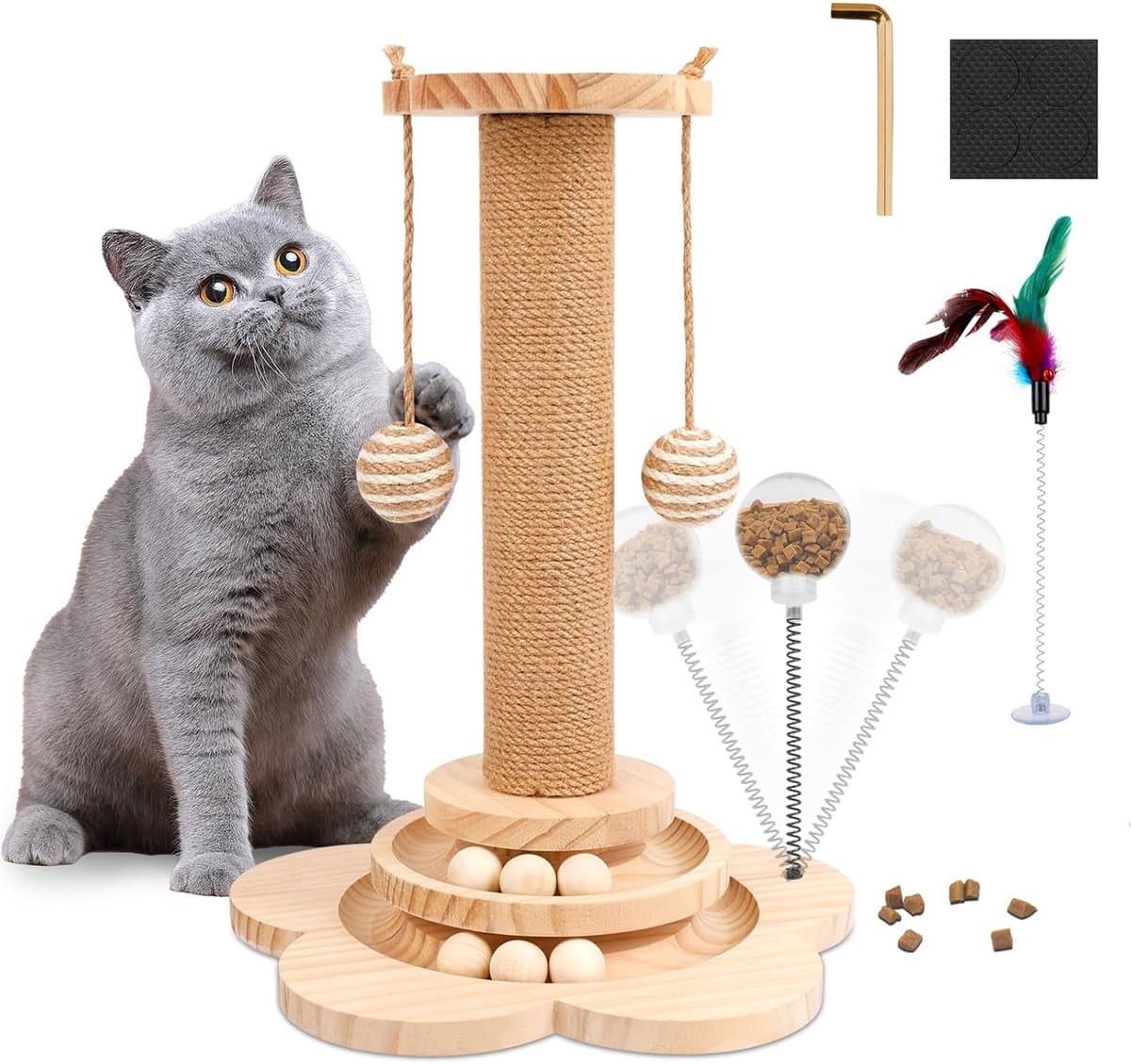 kattenspeelgoed van hout, 2-laags draaiplateau, interactief kattenspeelgoed, 3-in-1 houten kogel-kattencarrousel met 40 cm hoge krabzuil, rammelballen en veer voor katten en kittens — afbeelding 1