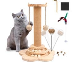 kattenspeelgoed van hout, 2-laags draaiplateau, interactief kattenspeelgoed, 3-in-1 houten kogel-kattencarrousel met 40 cm hoge krabzuil, rammelballen en veer voor katten en kittens