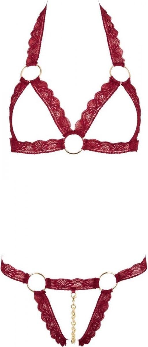 Cottelli Collection – Open Lingerie Set met BH en String Kanten Uitstraling  – Maat M/L – Rood — afbeelding 1