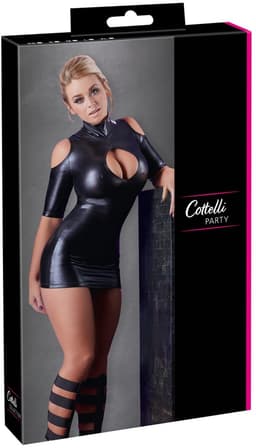 Cottelli Collection – Strakke Wetlook Mini Jurk met Open Schouders en Lange Mouwen voor Uitdaging – Maat S – Zwart — thumbnail 5