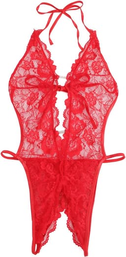 Sexy Lingerie - Erotische Rode Glamour Body Kant met Decolleté - Stras steentjes - Open Kruis - Sexy Teddy - Erotiek - Valentijnsdag - Kleur Rood - Maat M — thumbnail 6