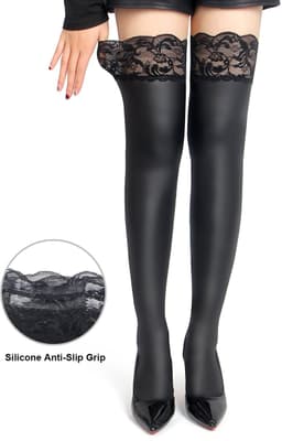 Zeloria Matte Wetlook / PU leer Kousen met Kant Rand – Zwart – Thigh High Stockings met Lace Top – XS-M — thumbnail 16