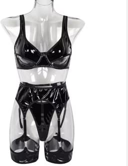 Kinky Lingerie Set Dames – Zwart Lak Lingeriesetje met Jarretels – Sexy PU Wetlook Lingerie – BDSM – Open Cup BH & Hoge Taille Slip – Kinky – Clubwear – Fetish – Erotische Lingerie – Maat XS/S, M, L — thumbnail 5