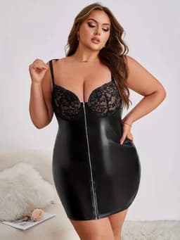 Plus Size – Leatherlook & Kant Sexy Jurkje – Lingerie Erotisch – Lingerie Sexy Setje – Luxe Sensuele Lingerieset – Leren PU Lingerie Jurkje – Wetlook/Latex – Verleidelijk & Mysterieus – Inclusief string – Kinky – BDSM – Maat S, M, L, XL, XXL — thumbnail 8