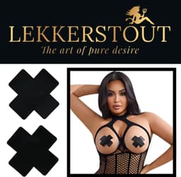 Plus Size Bodysuit Roze - Open Kruis - Erotische Lingerie - Incl. Zwarte Kruis-Tepelstickers - One Size M-XL | LekkerStout | ( LS252 ) — thumbnail 4