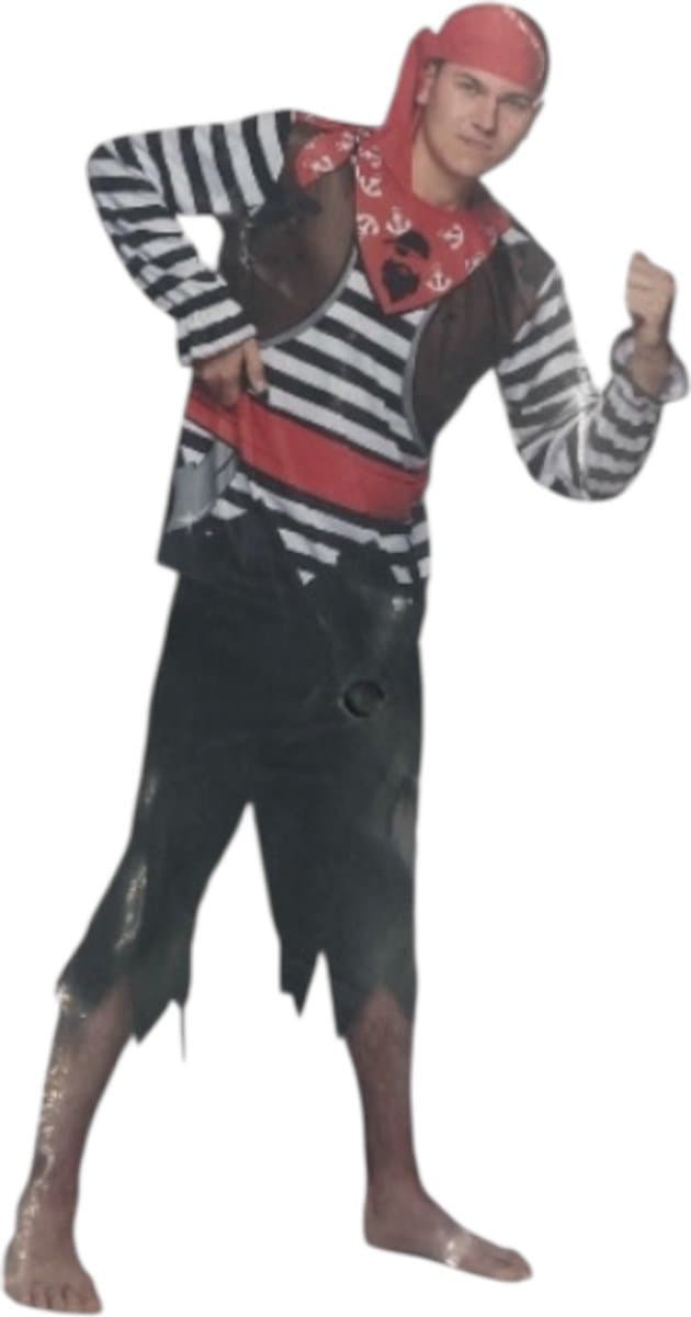 Sexy Piratenkostuum Mannen – Zwarte Broek, Gestreepte Blouse & Rode Hoofddoek – Maat XL — afbeelding 1