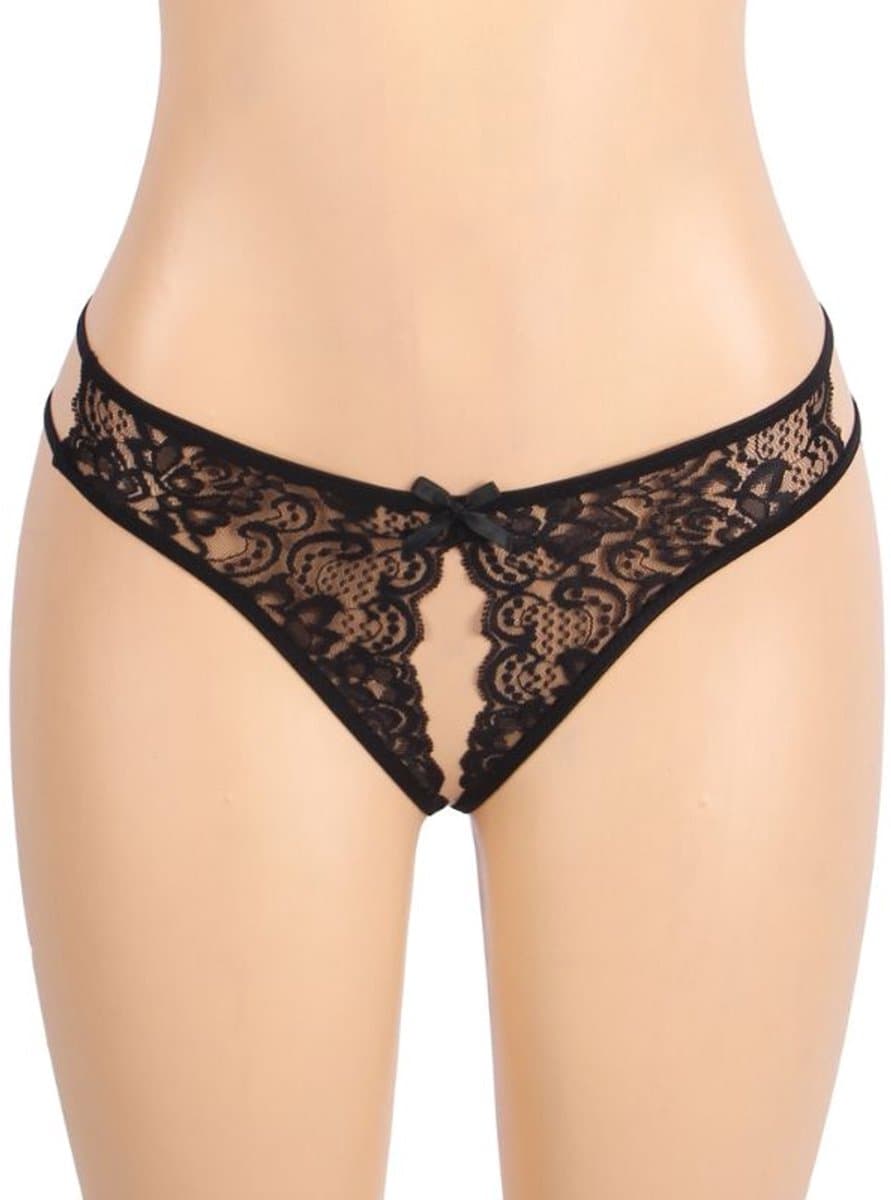 Zwarte Kanten String met Open Kruis – Black Lace Thong with Open Crotch - Sexy Erotische Dames Lingerie – Maat XXL — afbeelding 1