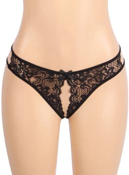 Zwarte Kanten String met Open Kruis – Black Lace Thong with Open Crotch - Sexy Erotische Dames Lingerie – Maat M — thumbnail 1