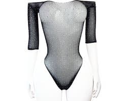 BamBella® - lingerie jumpsuit - Onesize - Erotische sexy nacht pakje doorzichtig kant - Super Stretch Zwart met strass steentjes