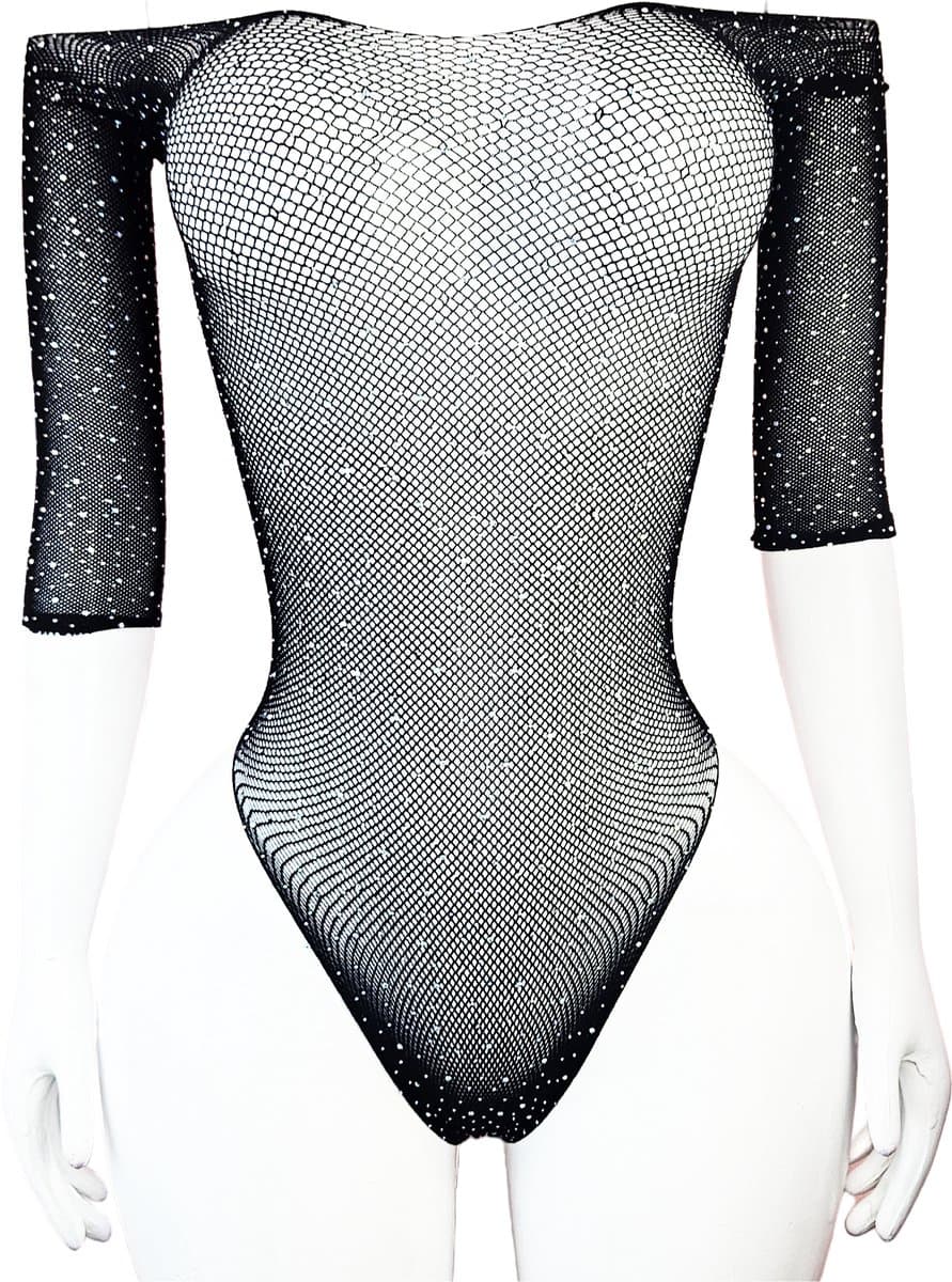 BamBella® - lingerie jumpsuit - Onesize - Erotische sexy nacht pakje doorzichtig kant - Super Stretch Zwart met strass steentjes — afbeelding 1