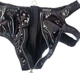 BamBella® Slip Onderbroek - Onesize - Erotische Sexy SM BDSM Lingerie Danes - Zwart ondergoed Datex mix latex en stof wetlook met rits open kruis — thumbnail 5