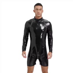 Glanzende Catsuit Heren - Lingerie - Latex Look - Imitiatie Leder - Leer - Zwart — thumbnail 1