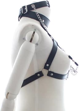 Nooitmeersaai - Harnas Vrouw - Leer - Halsband en Tepelklemmen - Zwart - BDSM - Bondage Harnas — thumbnail 4