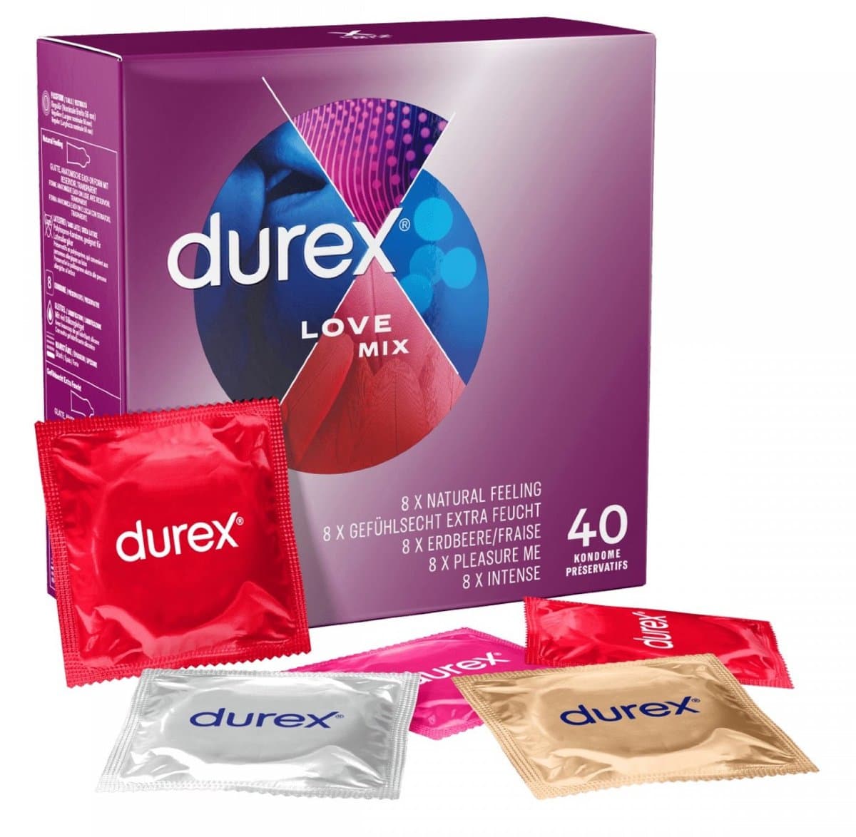 Durex Love Mix Condooms - 40 stuks - 8x Thin Feel Extra Lube (Elite) - 8x Intens Orgasme (ribbels, nopjes en gel) - 8x Thin Feel Ultra (extra dun) - 8x Aardbeismaak - 8x Pleasure Me (ribbels en nopjes) - Discreet Verpakt — afbeelding 1