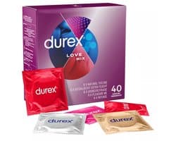 Durex Love Mix Condooms - 40 stuks - 8x Thin Feel Extra Lube (Elite) - 8x Intens Orgasme (ribbels, nopjes en gel) - 8x Thin Feel Ultra (extra dun) - 8x Aardbeismaak - 8x Pleasure Me (ribbels en nopjes) - Discreet Verpakt