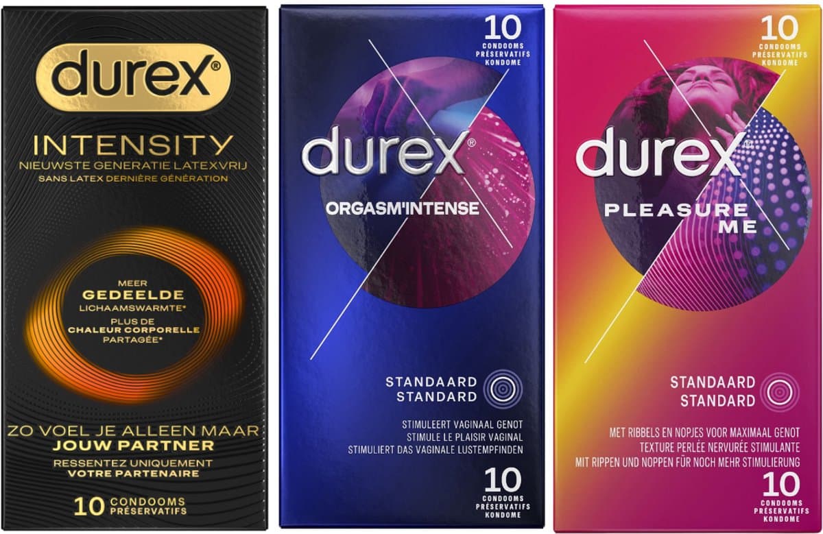 Durex - 30 stuks Condooms - Intensity 10st Nieuwste generatie ultradun, gedeelde lichaamswarmte - Orgasm Intense met Stimulerende Gel 10st - Pleasure Me met ribbels 10st - Voordeelverpakking — afbeelding 1