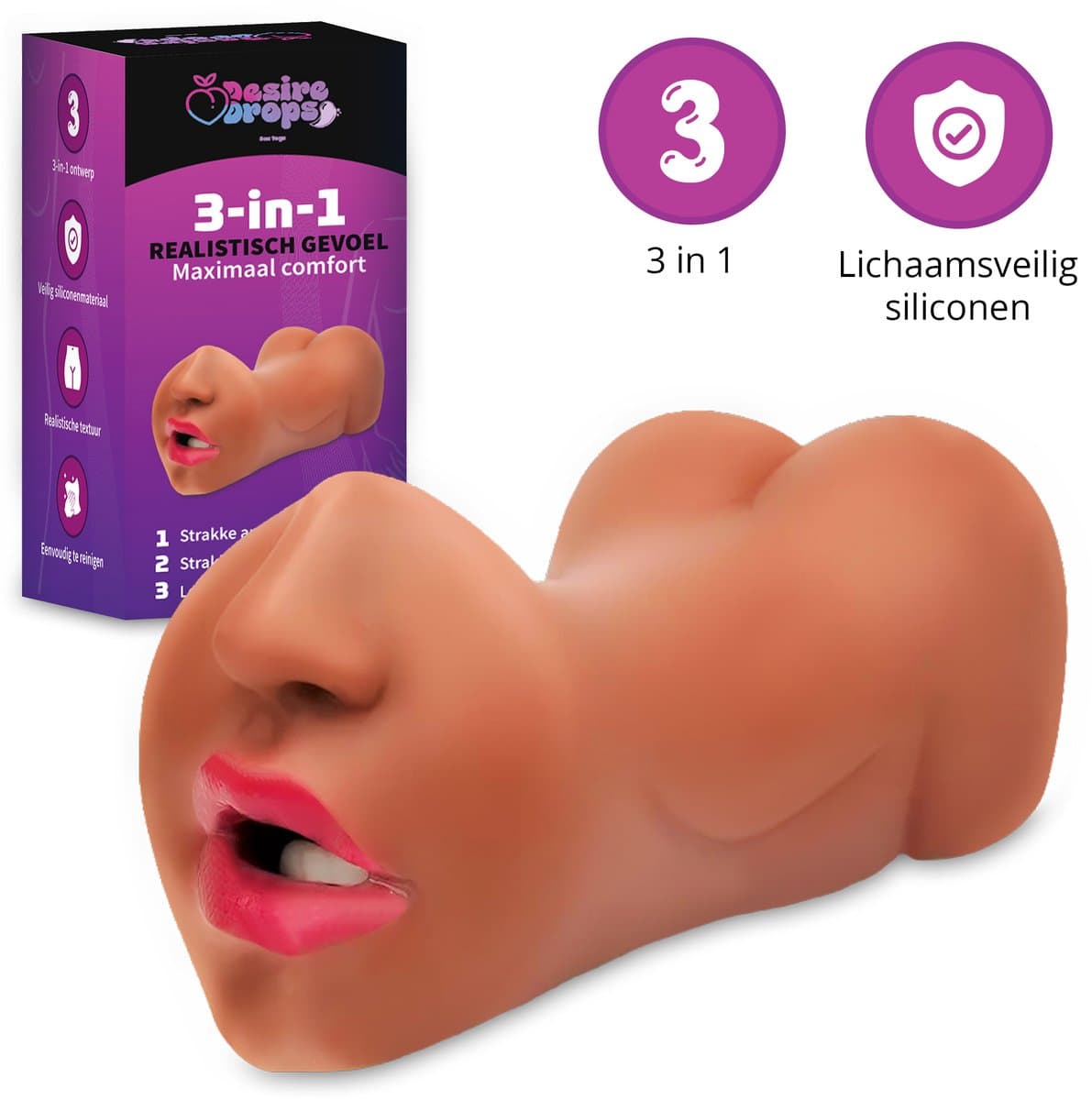 Desiredrops Realistische Masturbator – Siliconen – Pocket Pussy voor Man - 3 in 1 – Blowjob Masturbator met Billen en Kunst Vagina – Sex Toys Mannen en Koppels – Nep Kut – Discreet & Herbruikbaar — afbeelding 1