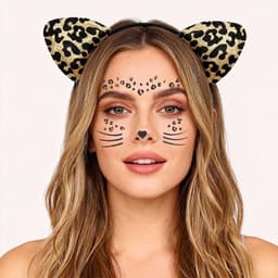 Luipaard kostuum dames, gezichtstattoo luipaard haarband luipaard tattoo gezicht carnaval kunst face sticker carnaval kat tijger carnaval kostuum set katten kostuums voor volwassenen cosplay — thumbnail 3