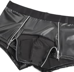 Sexy Heren Boxer Lederlook met Dubbele Rits - PU Wetlook Open Kruis Boxershort Mannen - Fetish & Clubwear - Maat XL — thumbnail 4