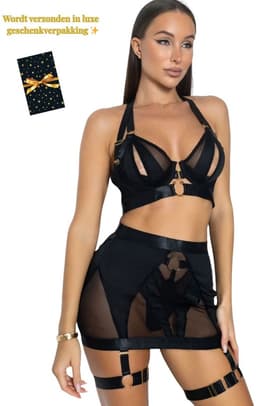 Luxe Lingerieset Dames – Sexy Lingerie – Erotische Lingerie Set – 4-delige Jarretelset – Zwart Kant – Beugel BH – High Waist Lingerie – Boudoir Set – Chique – High End – Madam Hommard – Exclusief – Cadeau Set – Dare to Undress – XS, S, M, L — thumbnail 1
