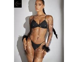 Sexy Visnet Jurk – Erotische Lingerie Vrouwen – Netjurk – Cover up – Lichaamssierraad – Body Ketting – Chique & Sexy – Sexy LIngerie – Erotische Jurk met Strasssteentjes & Veren – Party Dress – Classy Clubwear – Trendy – Dare to Undress – One Size