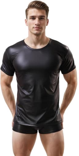 Glanzend wetlook shirt heren – maat L – strakke fetish clubwear kleding – korte mouw t-shirt voor mannen — thumbnail 2