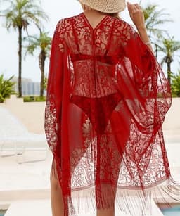 Sexy Elegante Kant Kimono Strand Cover-up voor Dames, Badpak Cover-up, Zwemkleding Omslagdoek voor Vakantie, Zwembad, Strand en Feest — thumbnail 3